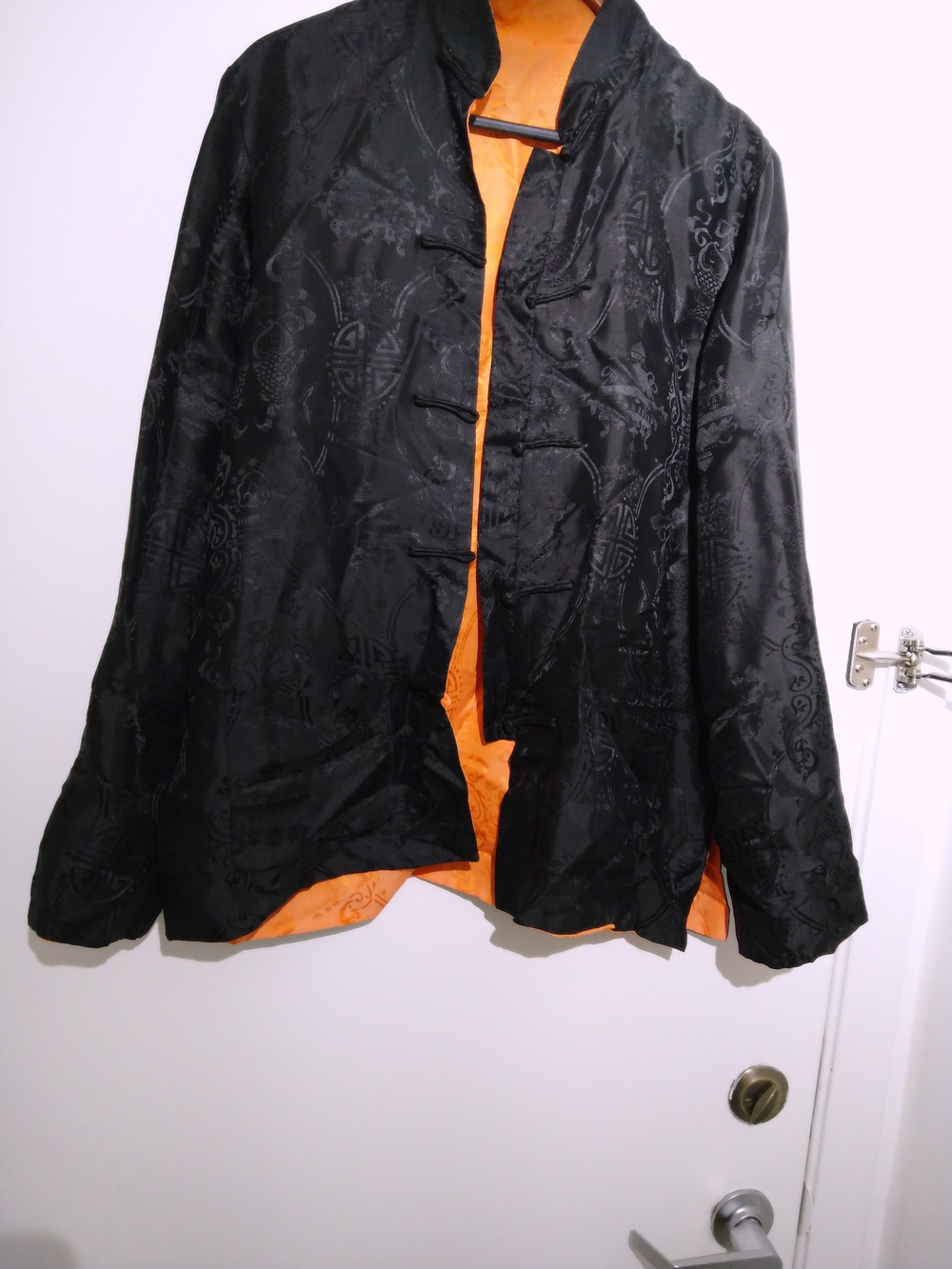 Black Satin Mandarin Collar Jacket with Orange Lining